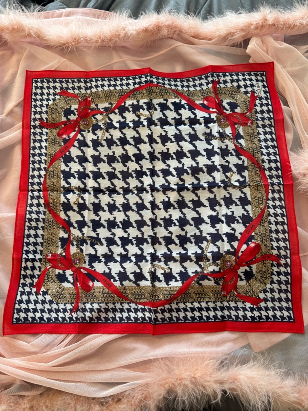 Vintage CELINE Paris Silk Scarf - Houndstooth & Equestrian Ribbon Motif